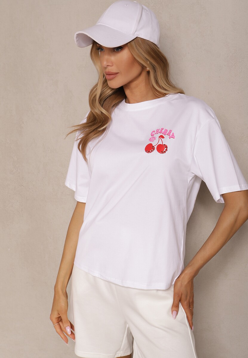 Biały T-shirt z Bawełną Wzorem Wiśni i Cyrkoniami Linavella