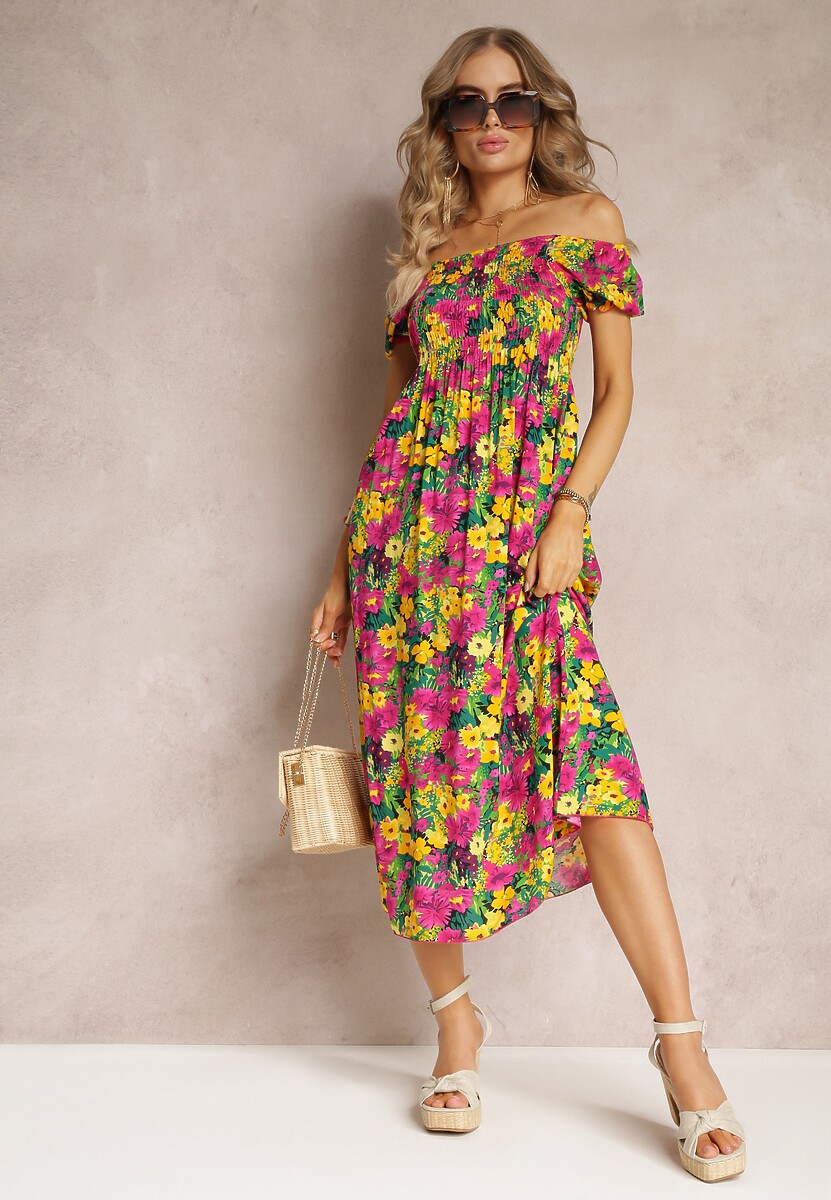Fuksjowo-Żółta Wiskozowa Sukienka Midi O Fasonie Hiszpanki w Kwiatowy Print Ambersen
