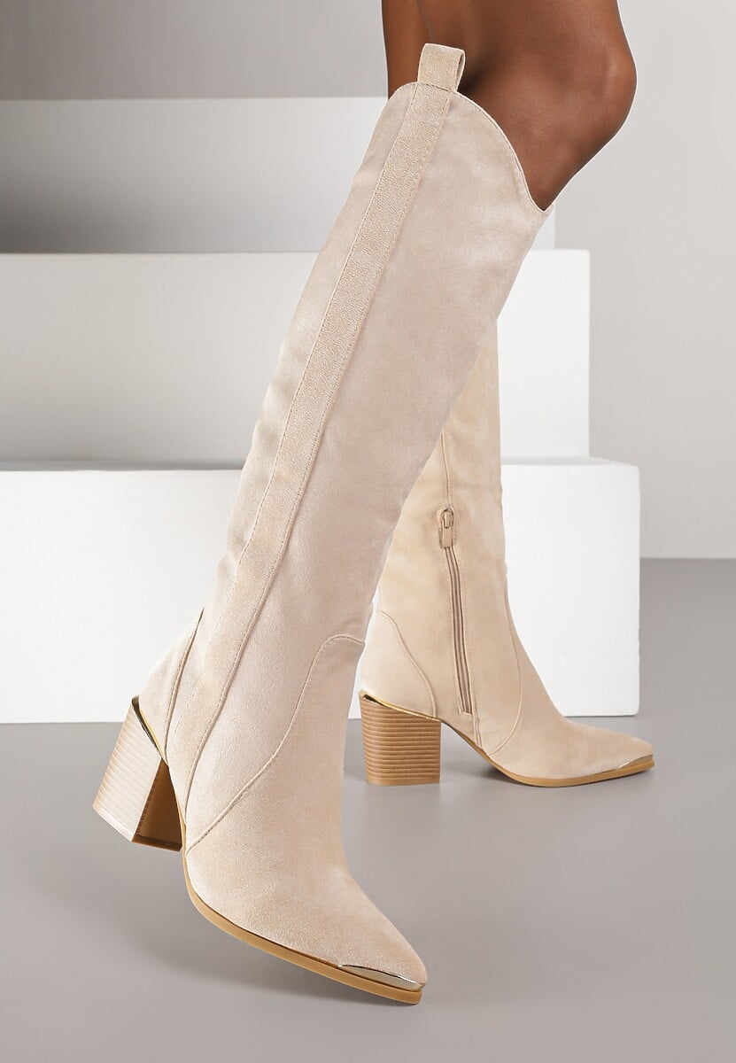 Beżowe Kozaki Kowbojki przed Kolano z Metalicznym Noskiem Caspianna