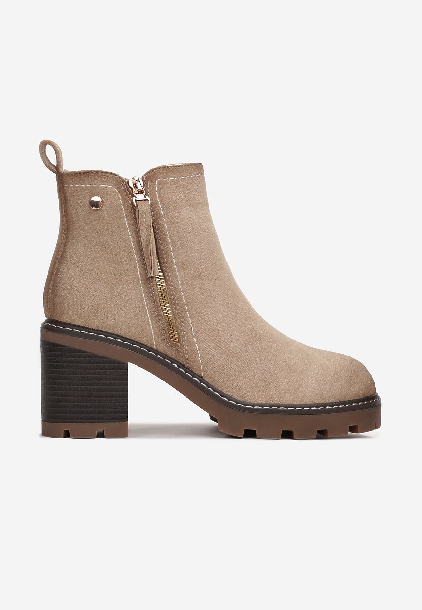 Beżowe Botki na Słupku Boho z Suwakiem Kodra
