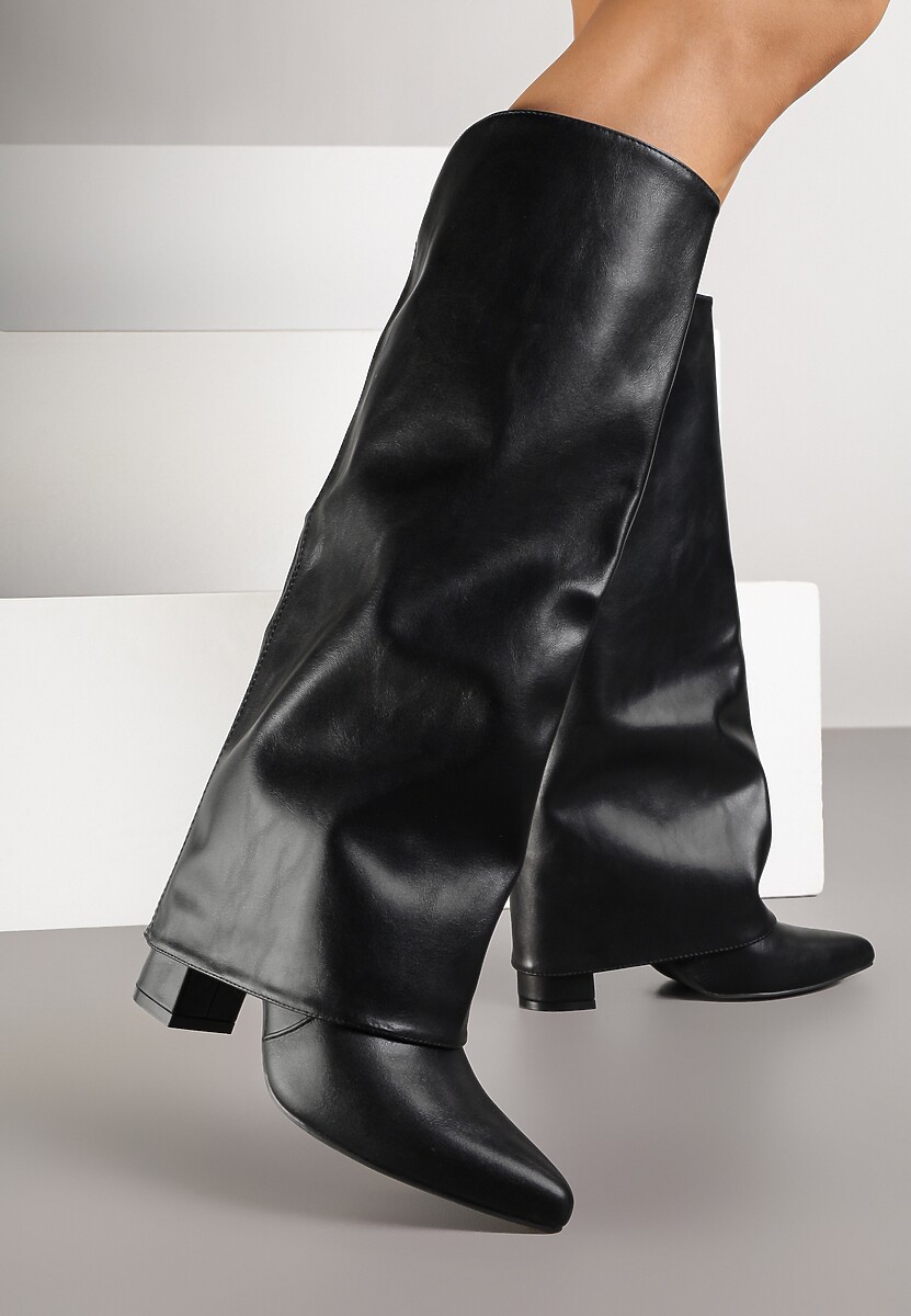 Czarne Botki na Obcasie Typu Słupek ze Zdejmowaną Cholewką Naluvessa