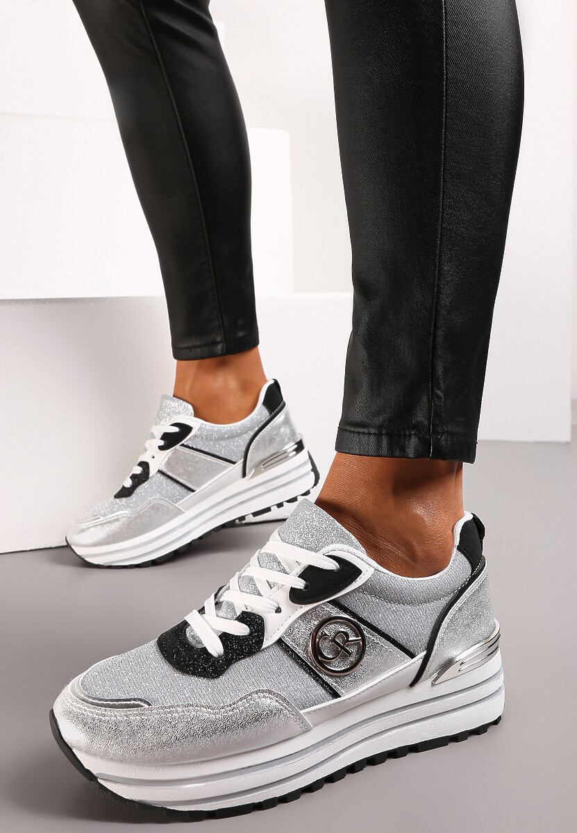 Srebrne Brokatowe Sneakersy na Grubej Podeszwie Lelina