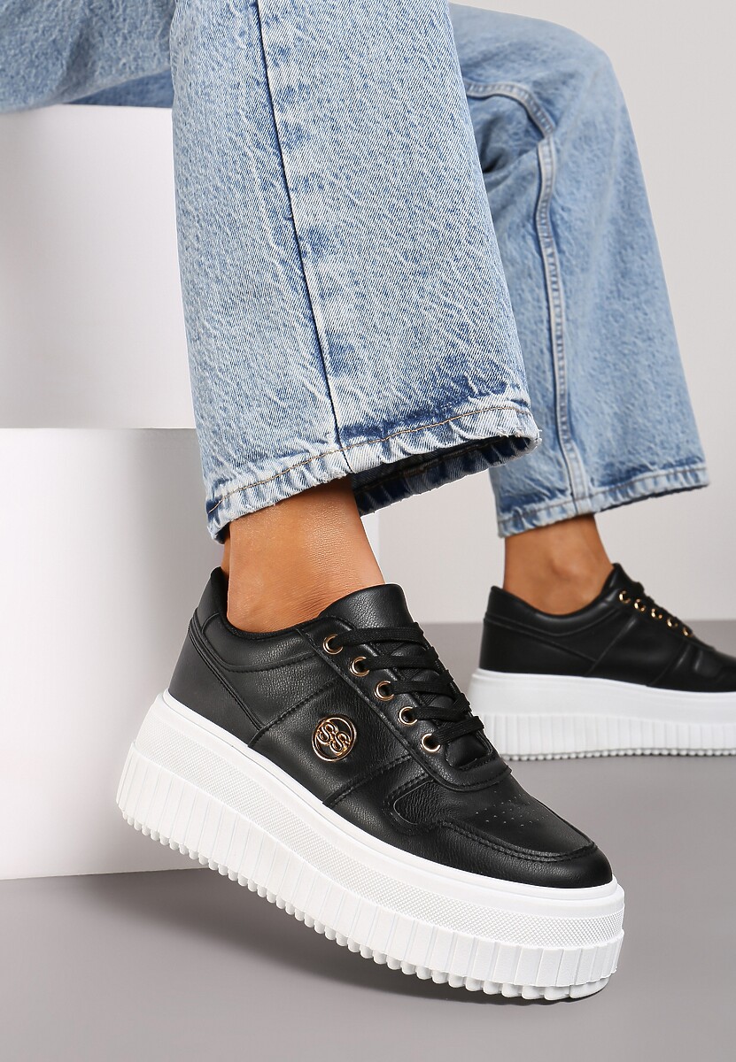 Czarne Sneakersy na Tłoczonej Platformie z Metaliczną Wstawką z Boku Mevel