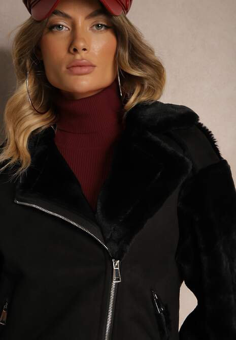 Czarna Ocieplona Kurtka Biker z Futerkiem i Asymetrycznym Zapięciem Lioyana