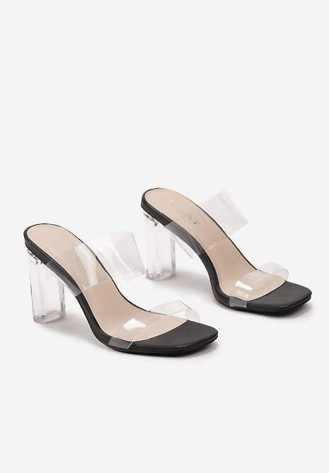 Czarne Klapki na Transparentnym Obcasie z Silikonowym Paskiem Aserena