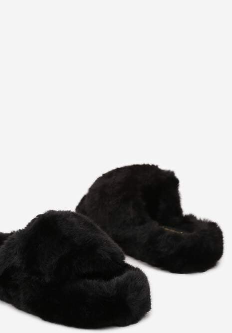 Czarne Płaskie Kapcie Ozdobione Futerkiem Narinae