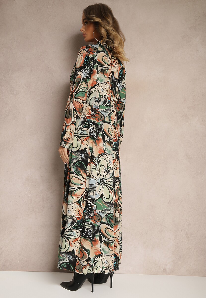 Czarno-Beżowa Wiskozowa Sukienka Koszulowa w Kwiaty z Guzikami przy Rękawach Enayira