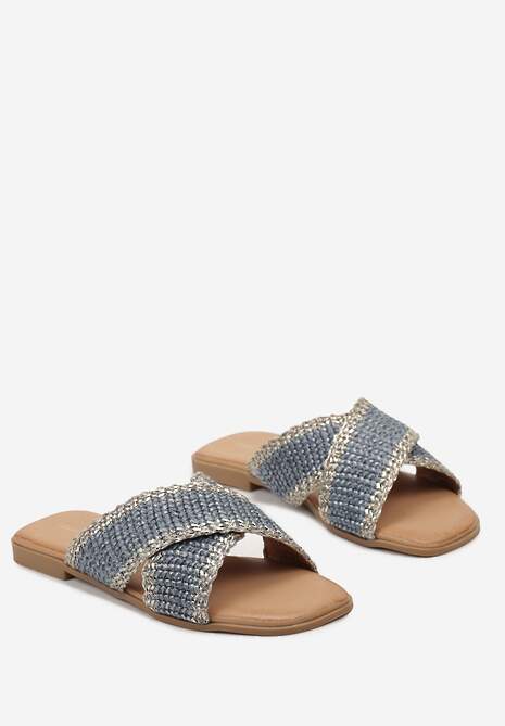 Niebieskie Ozdobnie Plecione Klapki na Płaskiej Podeszwie Neirika