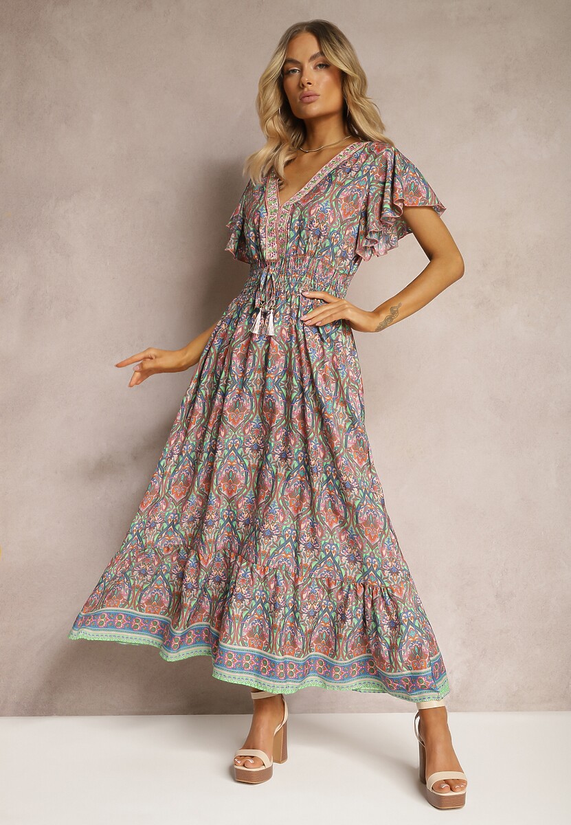 Pomarańczowo-Niebieska Rozkloszowana Sukienka w Etniczny Wzór z Krótkim Rękawem i Gumką w Pasie Zorisa