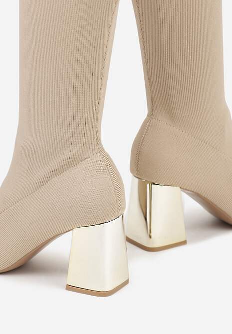 Ciemnobeżowe Eleganckie Kozaki VICES na Metalicznym Obcasie ze Skarpetkową Cholewką Nalaina