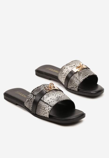 Czarne wężowe Klapki z Kwadratowym Noskiem i Metaliczną Aplikacją Morwia