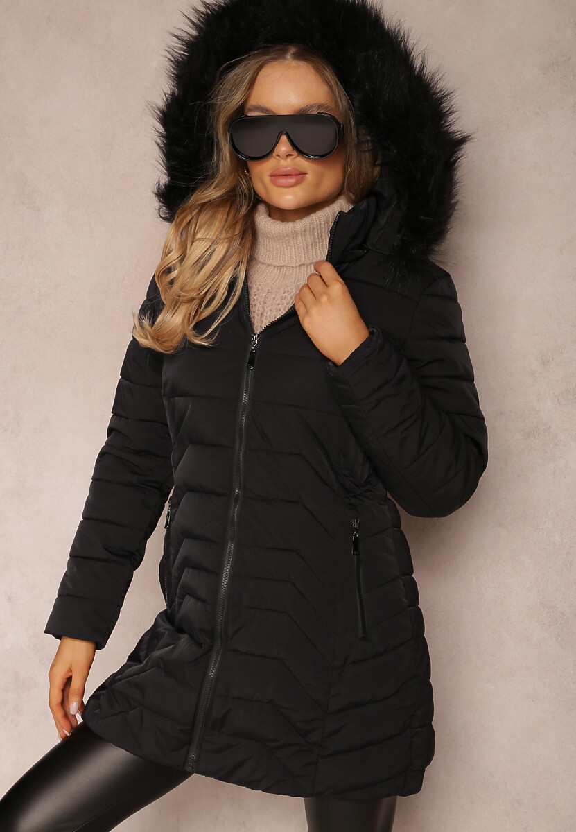 Czarna Kurtka Do Kolan z Kapturem i Pikowaniem Blabe