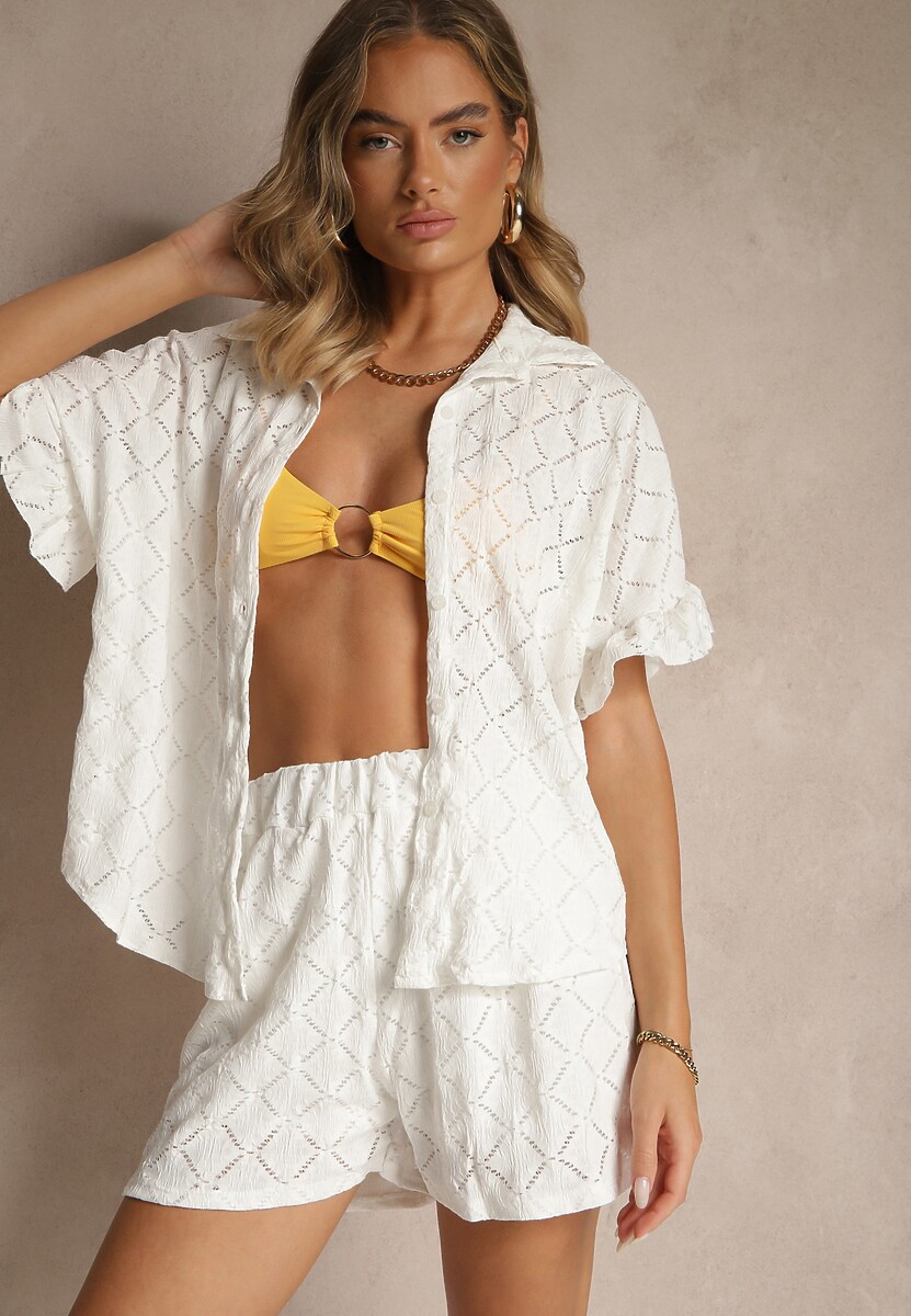Biały Komplet Krótkie Spodenki i Wiązana Koszula Fredefia