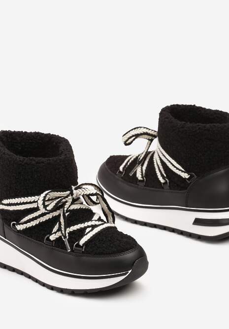 Czarne Futrzane Śniegowce ze Sznurowaniem Temivin