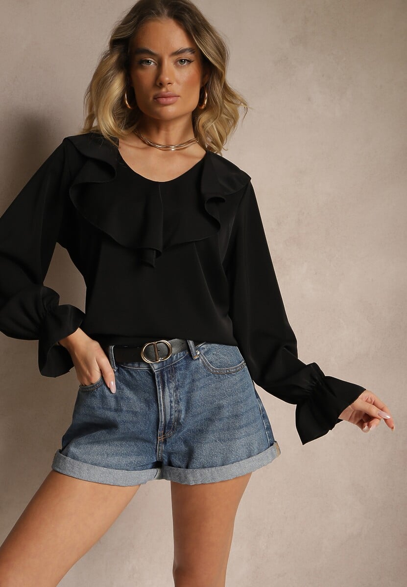 Czarna Bluzka Ozdobiona Falbanką Tananissa