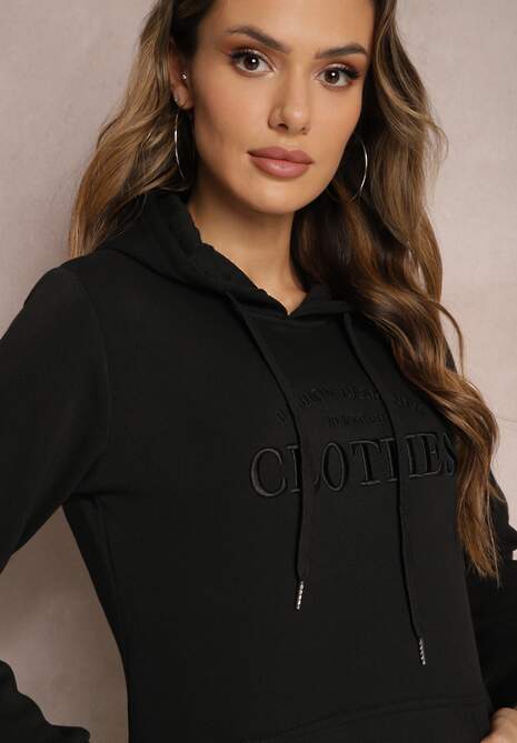 Czarna Ocieplana Bluza z Haftem i Kapturem Ieliana