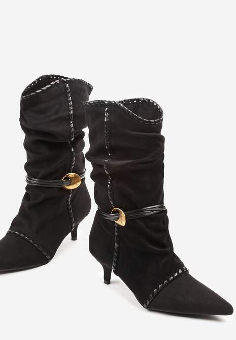 Czarne Botki na Kaczuszce Slouchy Ozdobione Metaliczną Aplikacją i Sznurkiem Avodvire