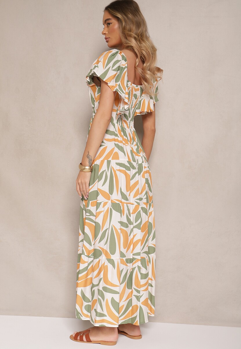 Ciemnozielona Rozkloszowana Sukienka z Wiskozy w Geometryczny Wzór Anisoria