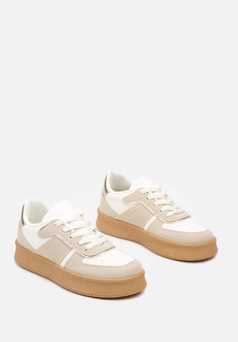 Beżowo-Białe Sneakersy na Płaskiej Podeszwie Ozdobione Przeszyciami i Perforacją Nealiora