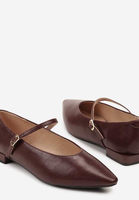 Bordowe Balerinki Vices w Stylu Mary Jane z Wkładką ze Skóry Naturalnej Emilane