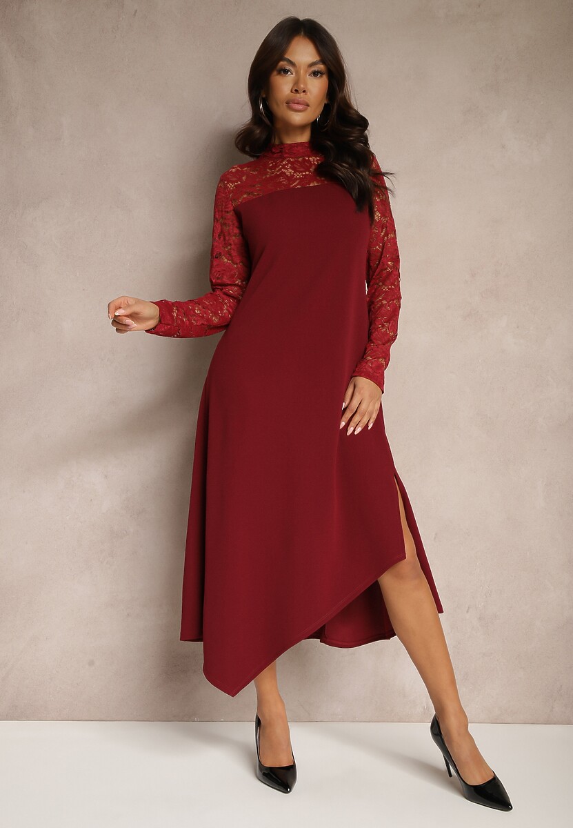 Bordowa Taliowana Sukienka o Rozkloszowanym Kroju Ozdobiona Koronką Edamora