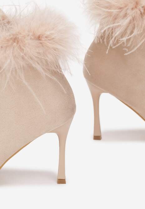 Ciemnobeżowe Botki na Szpilce z Ozdobnymi Piórami Odgaral