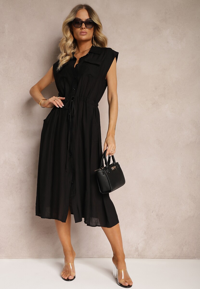 Czarna Koszulowa Sukienka z Wiskozy bez Rękawów ze Ściągaczem w Talii Noreviana