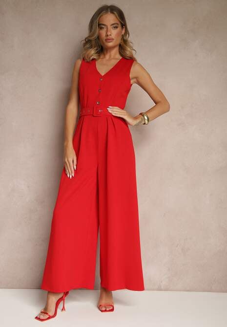 Czerwony Kombinezon o Taliowanym Kroju z Wiskozą i Paskiem Raliorea