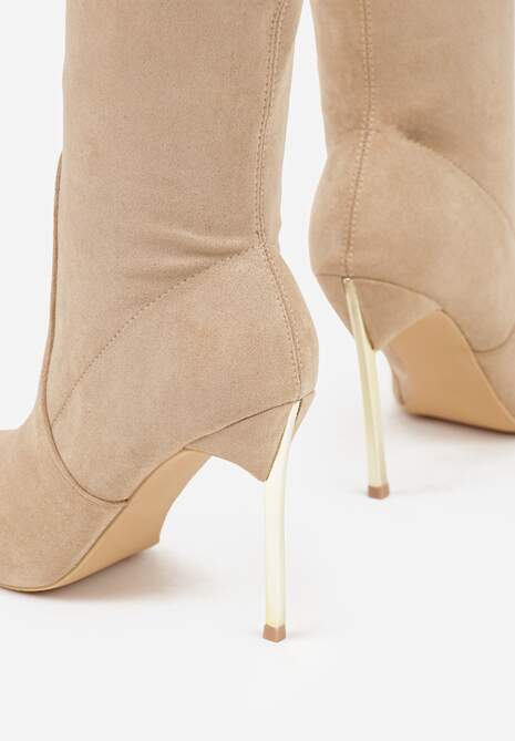 Beżowe Botki na Szpilce Ozdobione Metaliczną Wstawką Amiltia