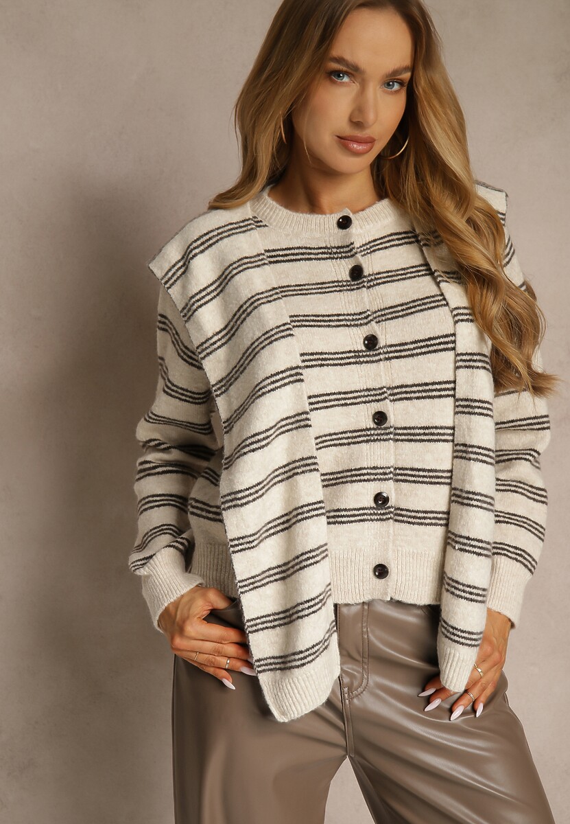 Beżowy Kardigan z Dodatkiem Wełny Zdobiony Wzorem w Paski i Narzutką Fedira