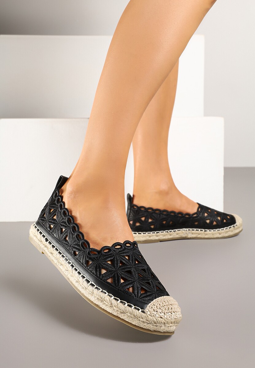Czarne Ażurowe Espadryle Ozdobione Plecionką Meranovia