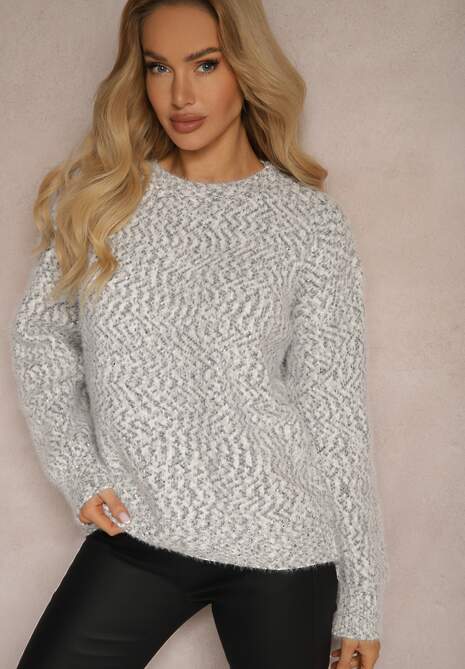 Szary Sweter  z Dodatkiem Wiskozy o Kroju Oversize Tariael
