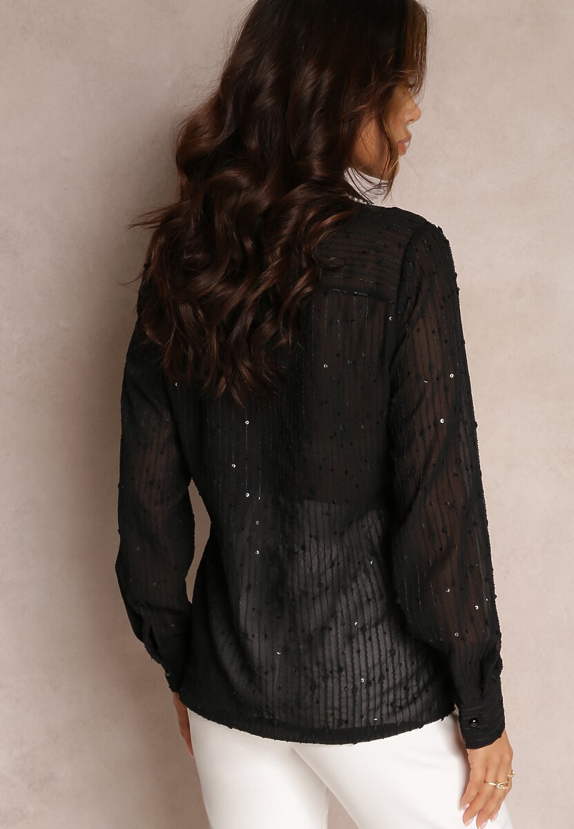 Czarna Koszula z Ozdobnym Kołnierzem i Falbanami Chet