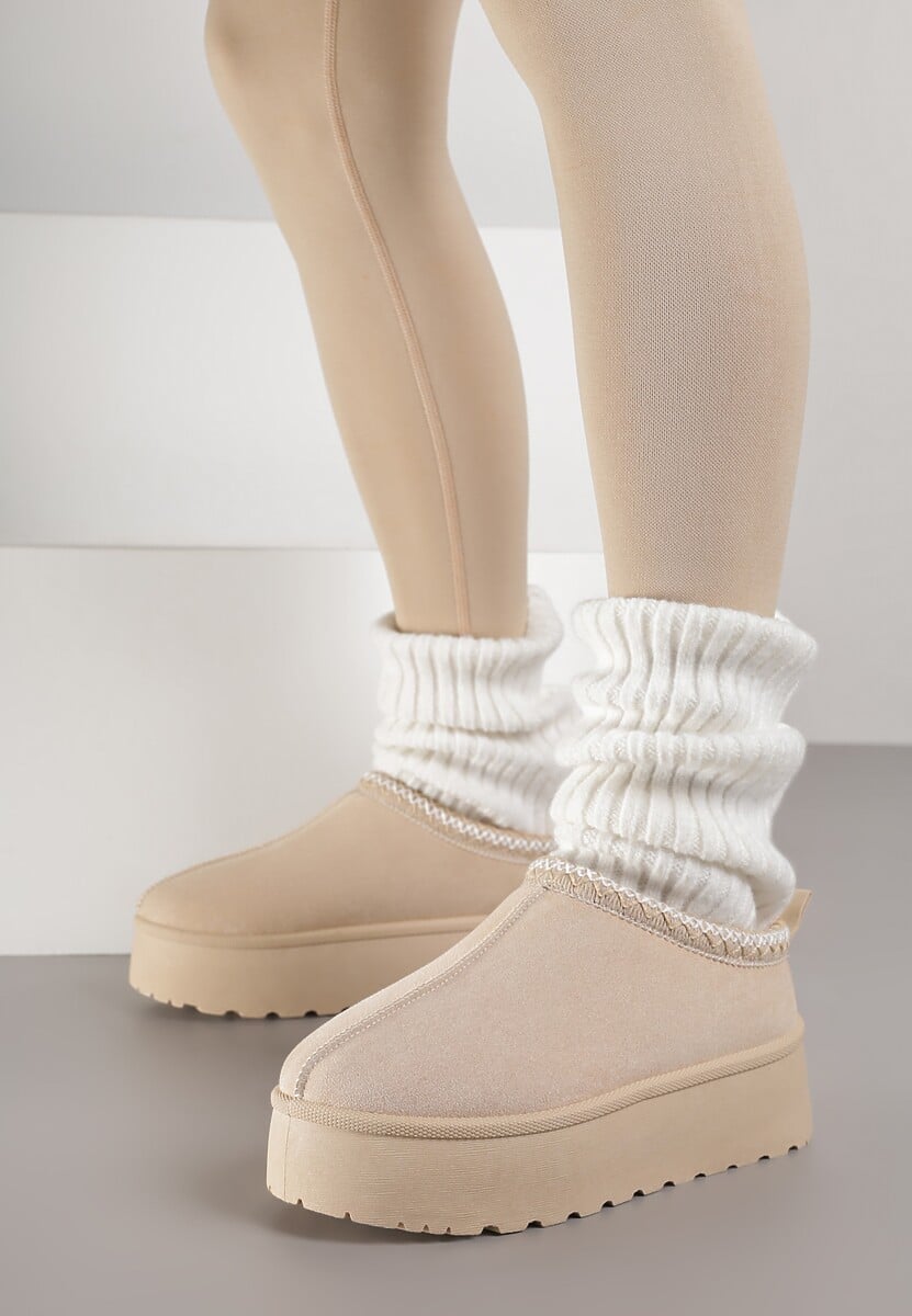 Beżowe Śniegowce z Ekozamszu na Platformie z Niską Cholewką z Ozdobnym Haftem Garvia