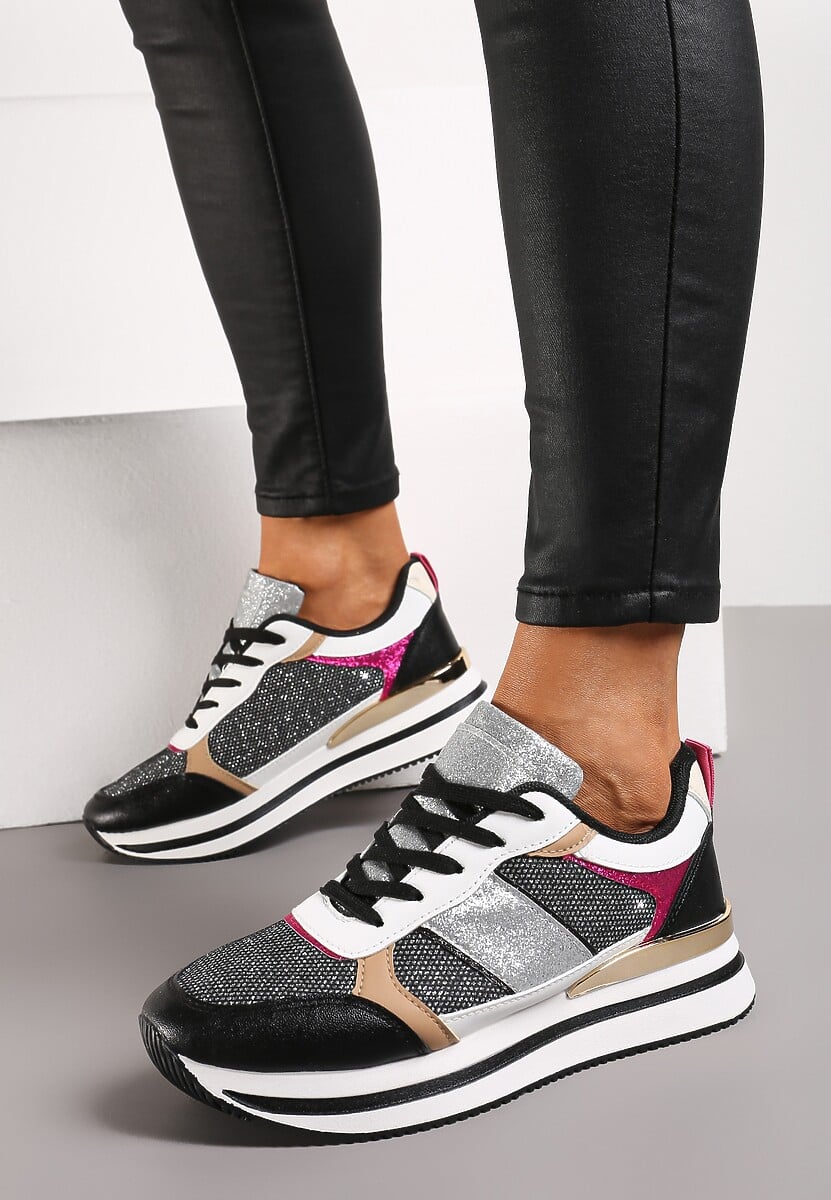 Czarne Sneakersy Ozdobione Brokatem i Kolorowymi Wstawkami Veradis