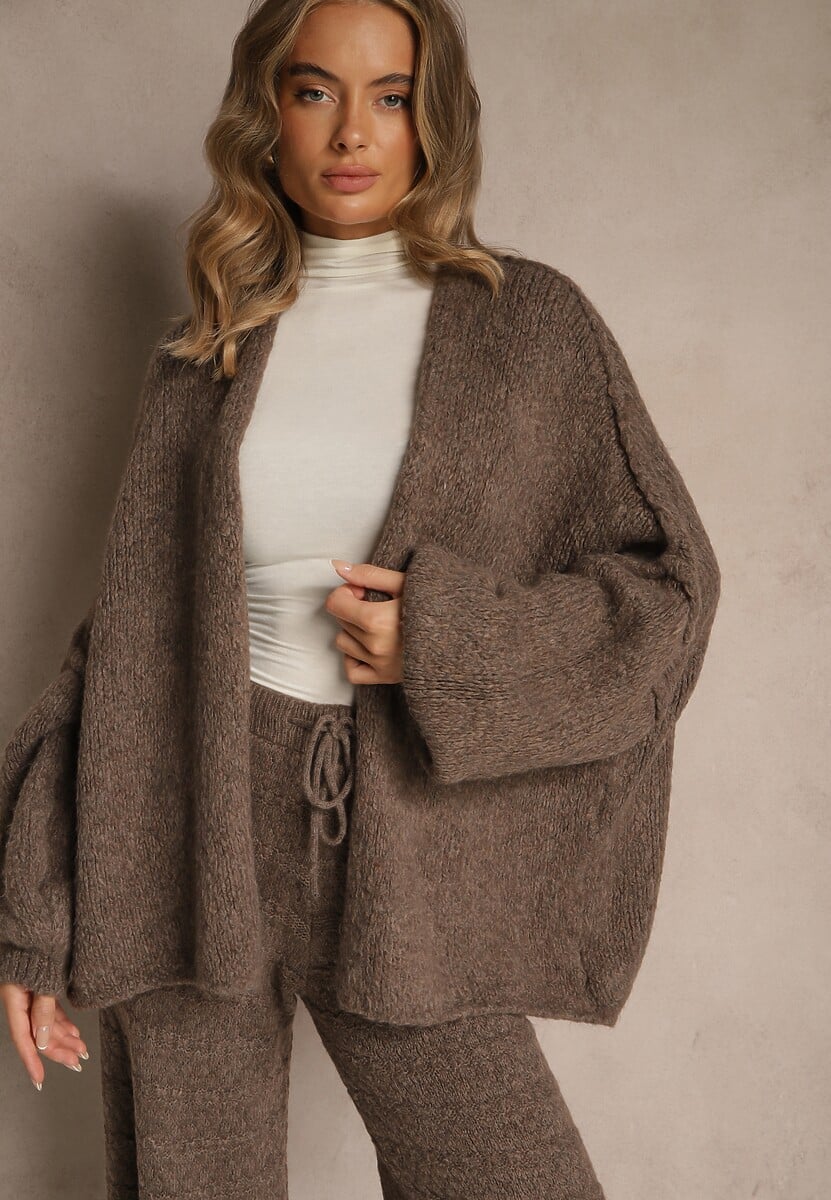 Jasnobrązowy Niezapinany Kardigan Nietoperzowy z Dodatkiem Wełny i Wiskozy Rallidia