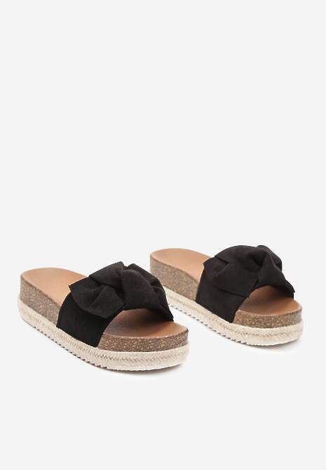 Czarne Płaskie Klapki z Wkładką z Imitacji Skóry i Ozdobną Kokardą Vrisas