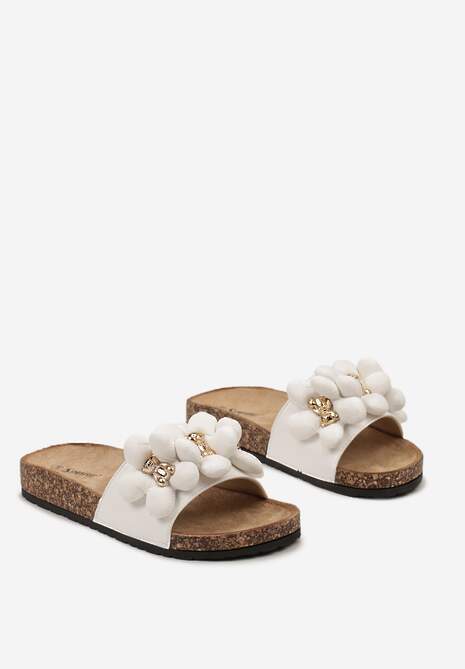 Białe Klapki ze Złotymi Misiami i Kwiatkami na Profilowanej Podeszwie Isaralle