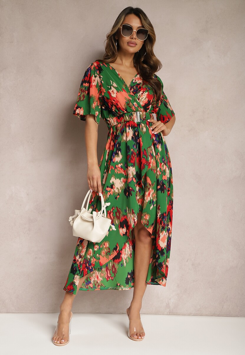 Zielono-Czerwona Asymetryczna Sukienka z Gumką w Pasie i Kopertowym Dekoltem Perlana