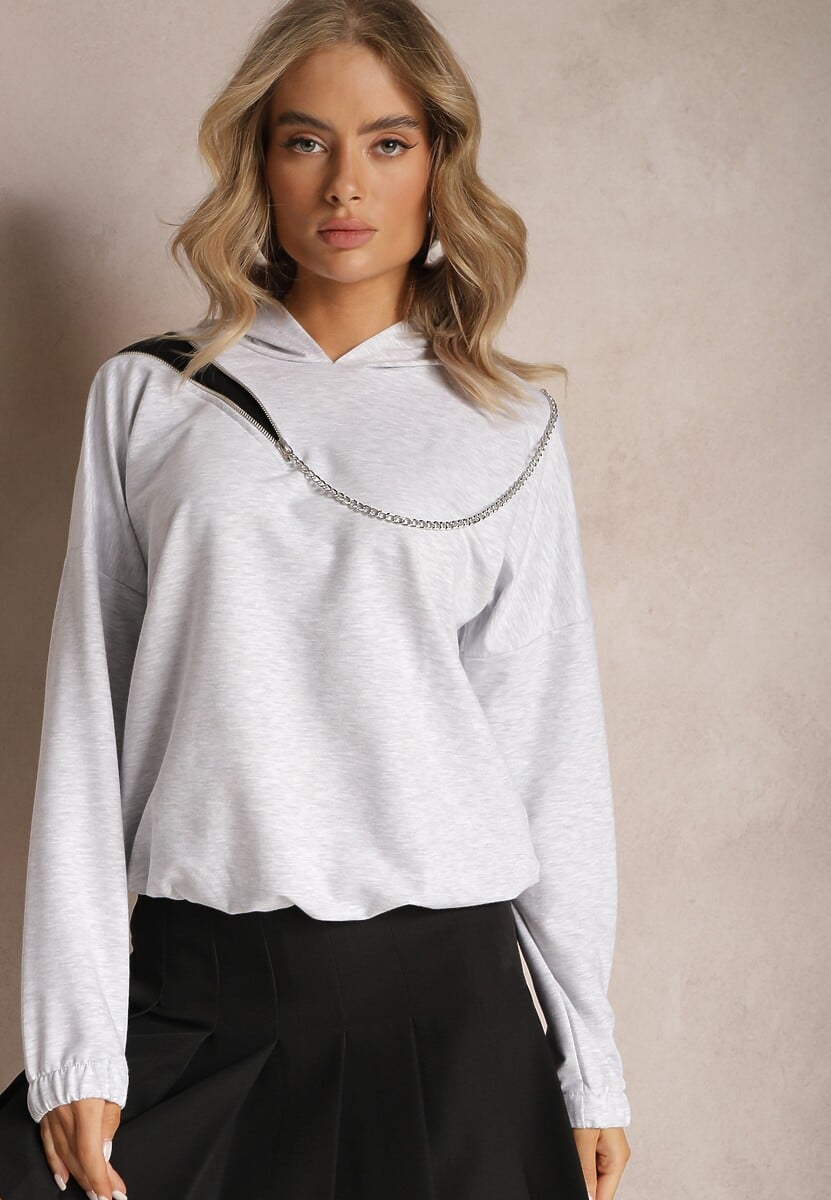 Szara Asymetryczna Bluza z Bawełny z Kapturem i Ozdobnym Suwakiem Lueur