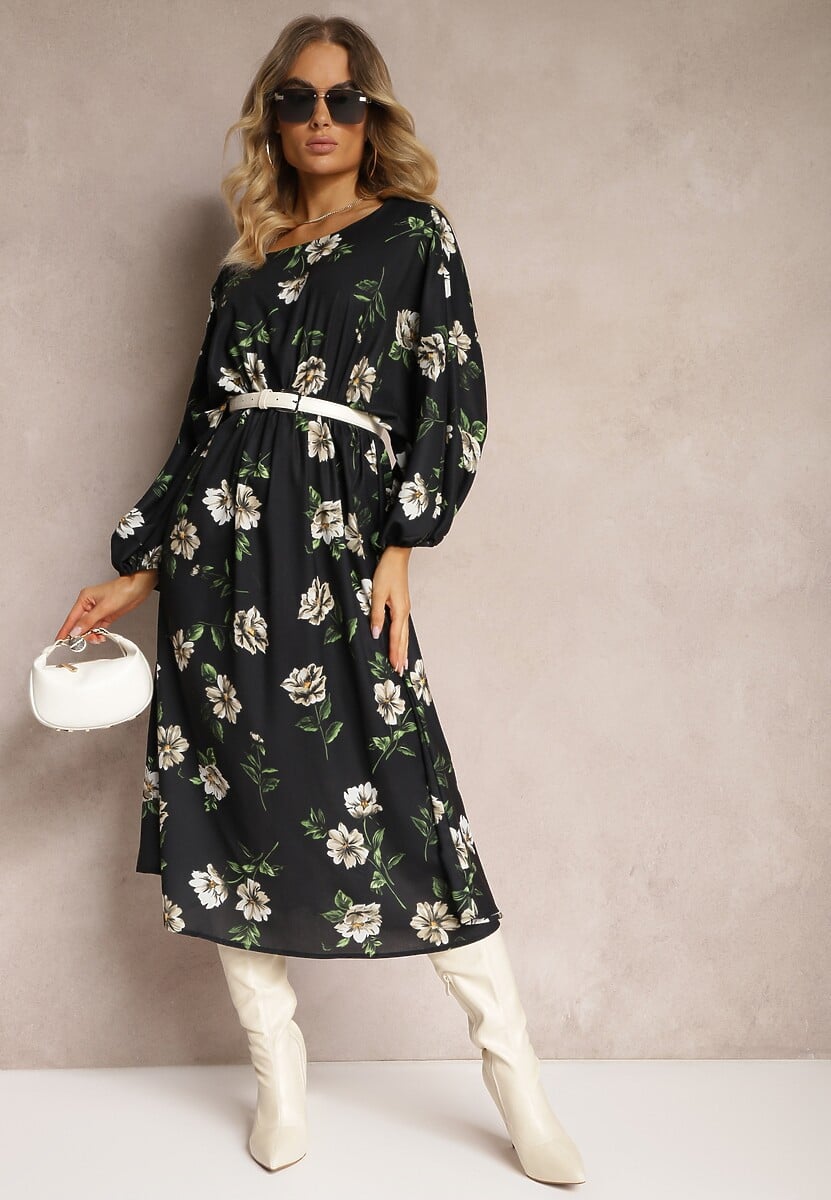 Czarno-Beżowa Midi Sukienka w Kwiaty o Rozkloszowanym Kroju z Rękawami Nietoperz Jervia