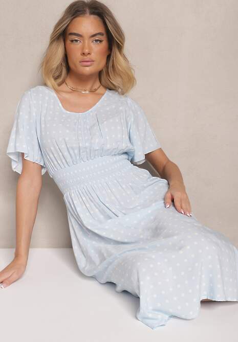 Jasnoniebieska Bawełniana Sukienka o Rozkloszowanym Fasonie w Kropki Tolimirae