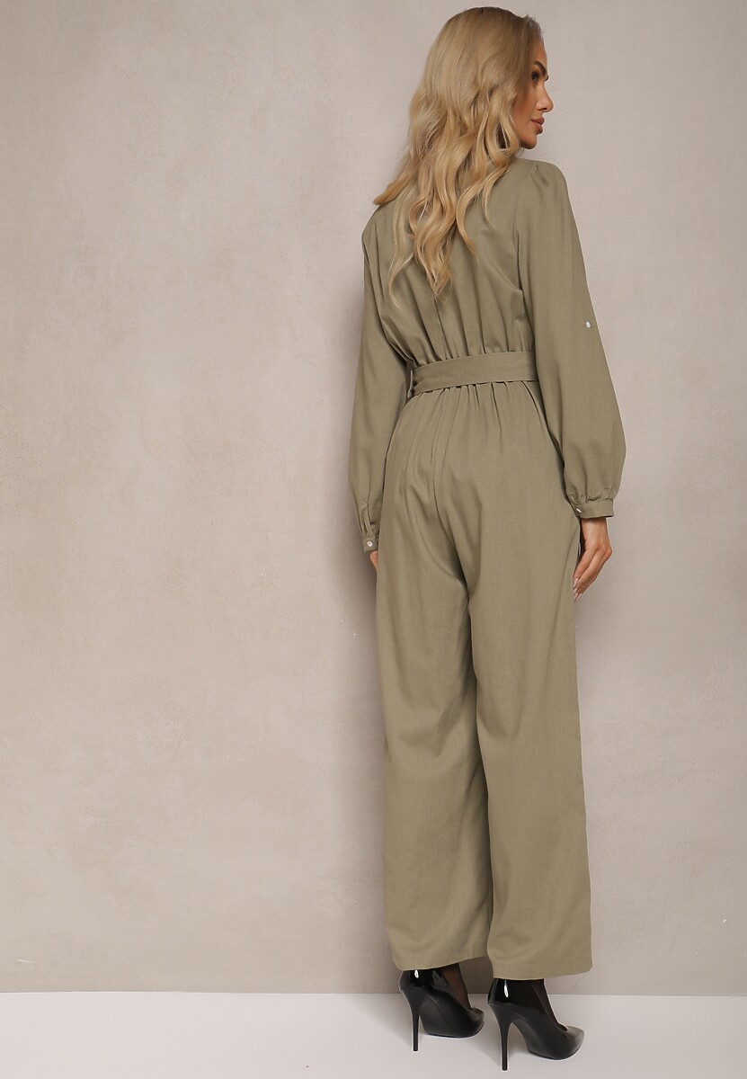 Zielony Kopertowy Kombinezon z Bawełny z Dodatkowym Paskiem i Gumką w Talii Rinnarela