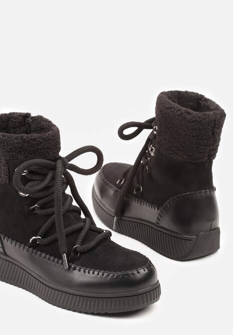 Czarne Śniegowce Zdobione Futrem i Przeszyciami Genilea