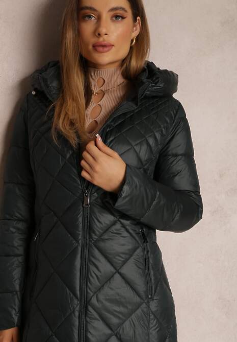 Ciemnozielona Kurtka za Kolano Pikowana Fipha