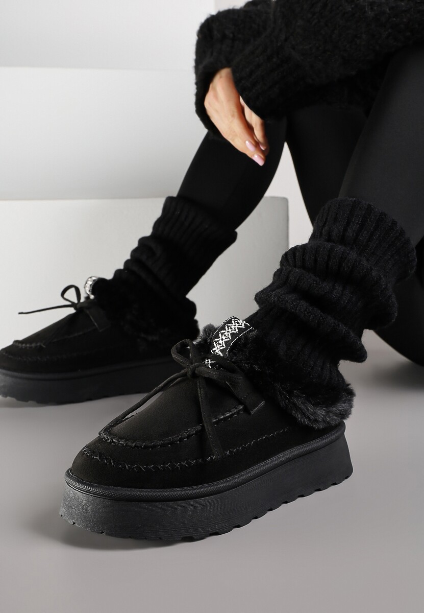 Beżowe Rustykalne Śniegowce z Niską Cholewką Zdobione Futrem i Kokardą Tuspena