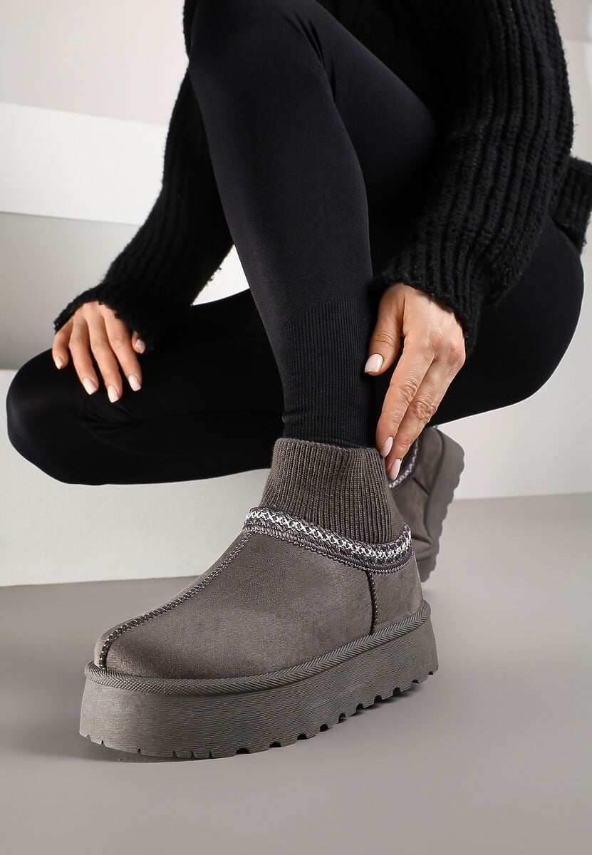Szare Śniegowce na Platformie ze Skarpetową Cholewką Erevelis