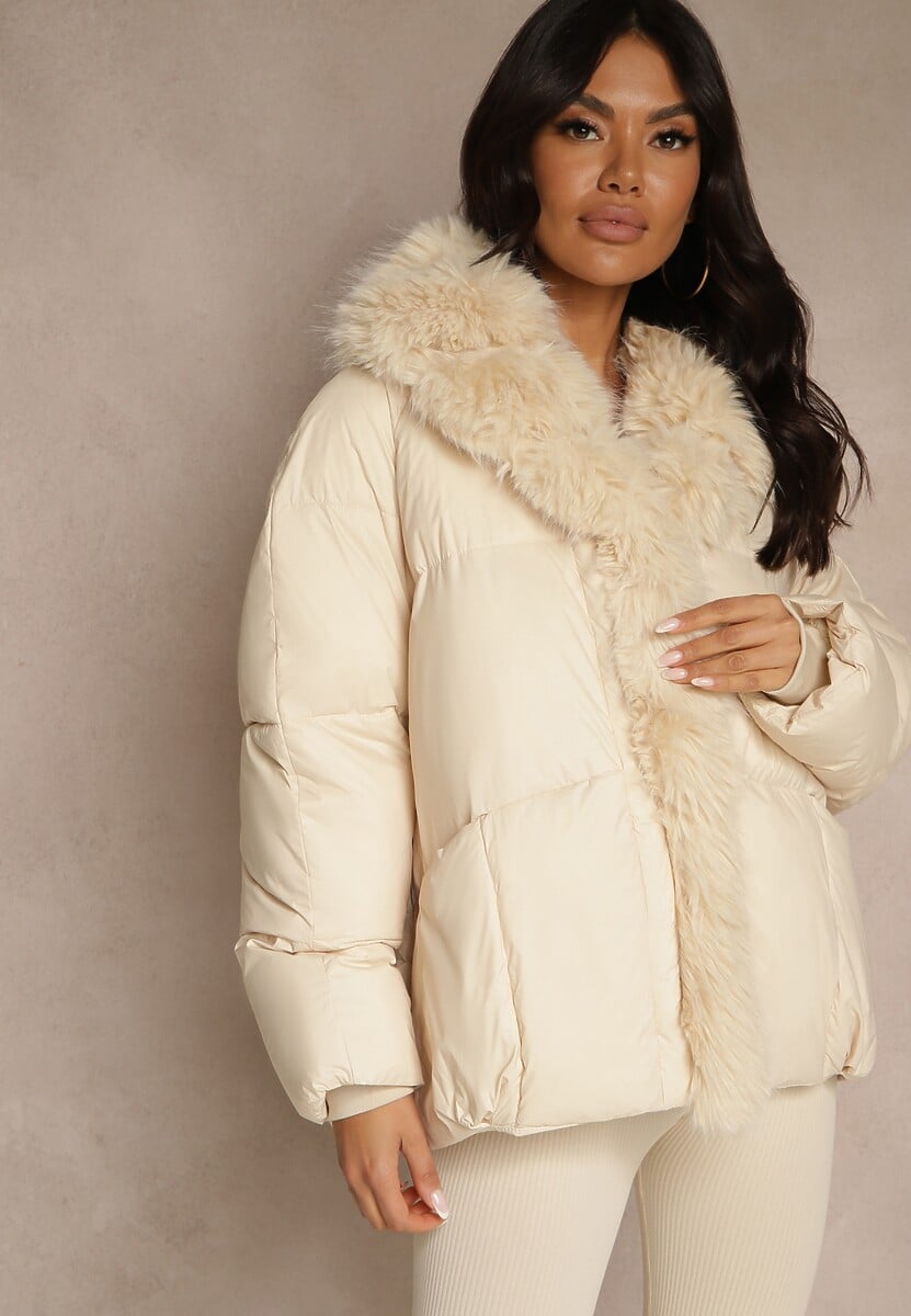 Brązowa Oversizowa Kurtka z Pikowanymi Przeszyciami i Futrem Silvitila