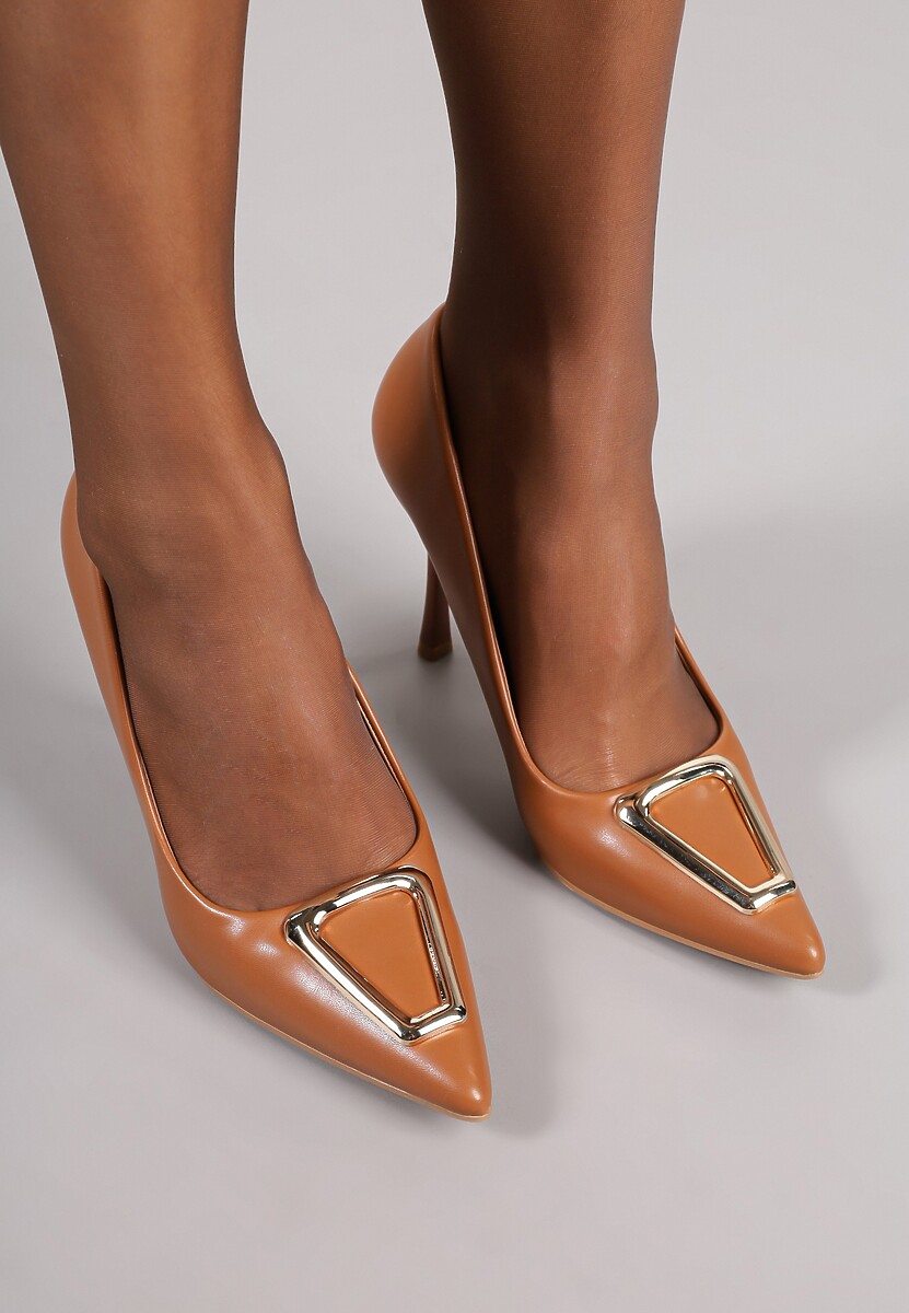 Brązowe Szpilki Vices z Wkładką ze Skóry Naturalnej Ozdobione Klamrą Miava