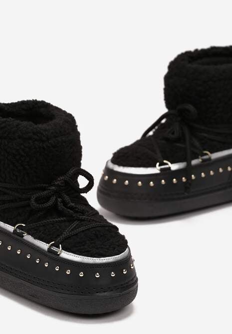 Czarne Śniegowce z Ozdobnym Sznurowaniem Ćwiekami i Futerkiem Covesa